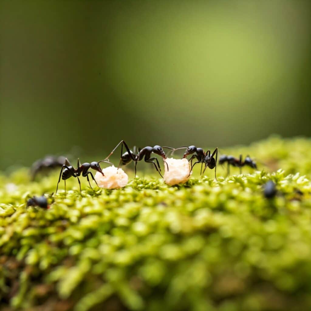 ants moving sugar across the ground