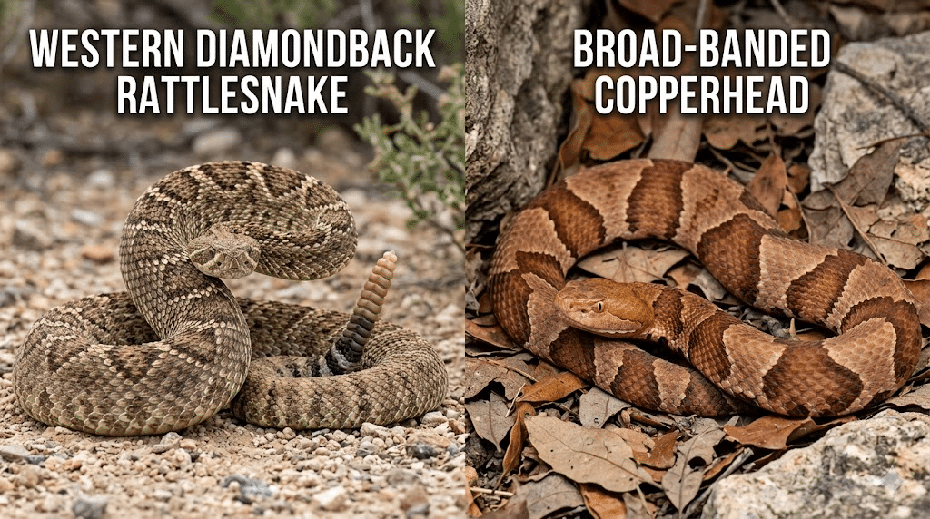 Western diamond back and broad-banded copperhead snakes