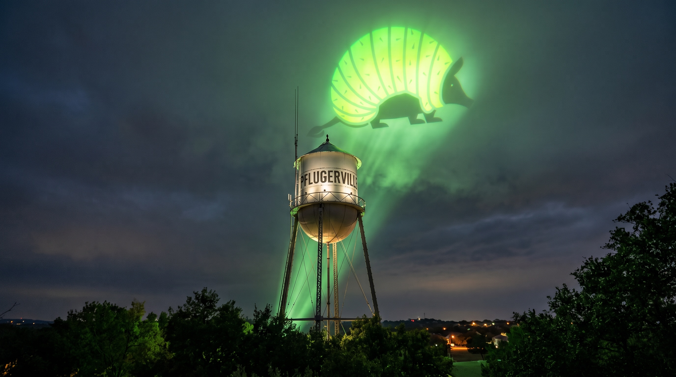 Prickly Pear "bat signal" over PFlugerville Watertower